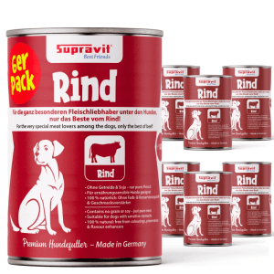 Supravit Hundenassfutter Rind, 6er Pack. Rote Dosen mit Hundemotiv und Rindfleisch-Symbol. Getreidefrei.