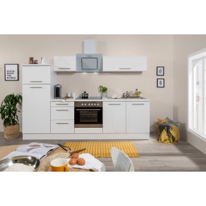 Respekta Premium Küchenzeile 270 cm in Weiß Hochglanz mit E-Geräten und Lifttüren.