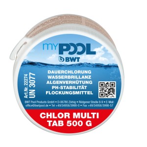 myPOOL Multi Tab 500 für Poolpflege: Tablette mit Chlor zur Desinfektion und Algenverhütung.