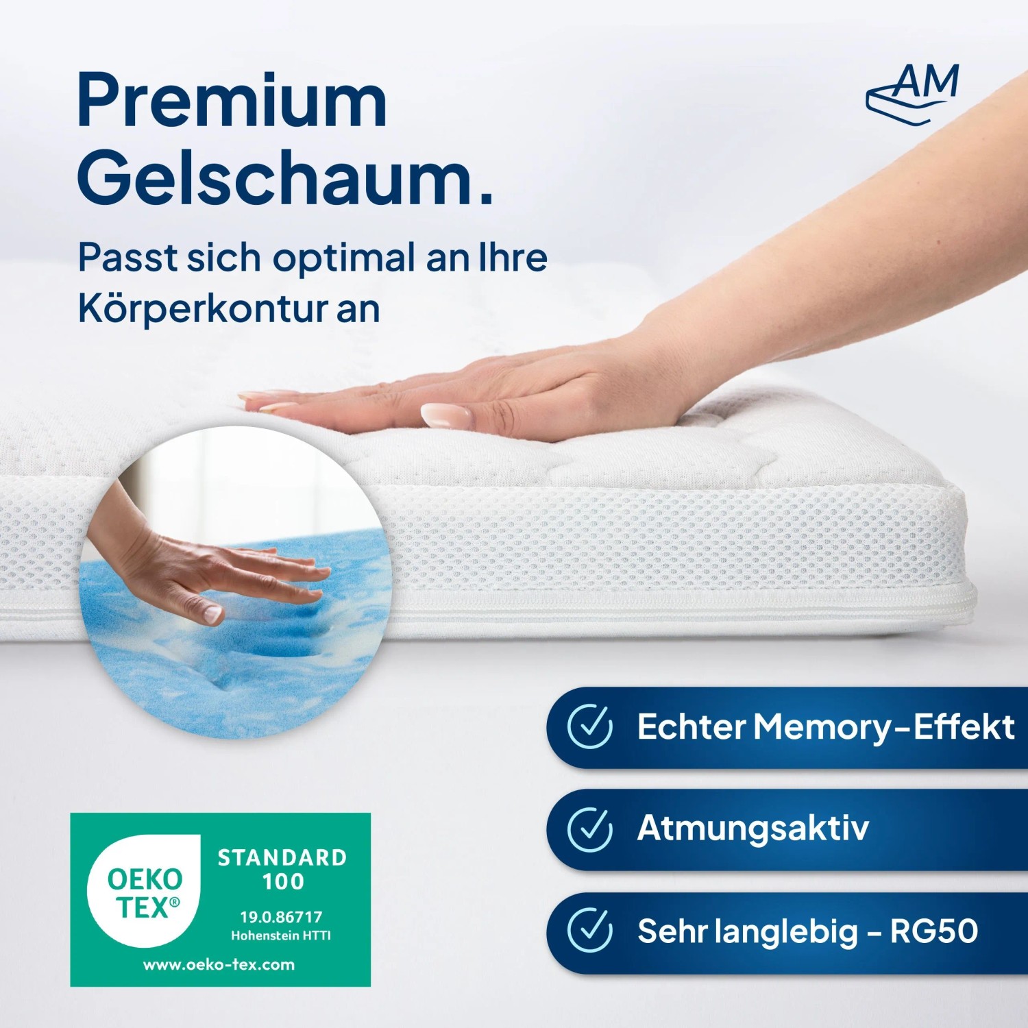 AM Premium Gelschaum Topper, weiß, Hand drückt ein, zeigt Memory-Effekt. Atmungsaktiv, langlebig, RG50 für Matratzen.