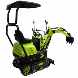 Grüner Zipper Minibagger ZI-MBG600S7 mit Schaufel, Gummiketten und Überdachung für Aushubarbeiten auf Baustellen.