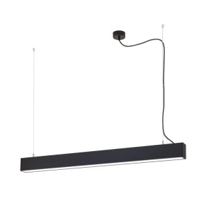 Schwarze LED Hängeleuchte, lineares Lichtband. Moderne Deckenleuchte für helle, blendfreie Beleuchtung.