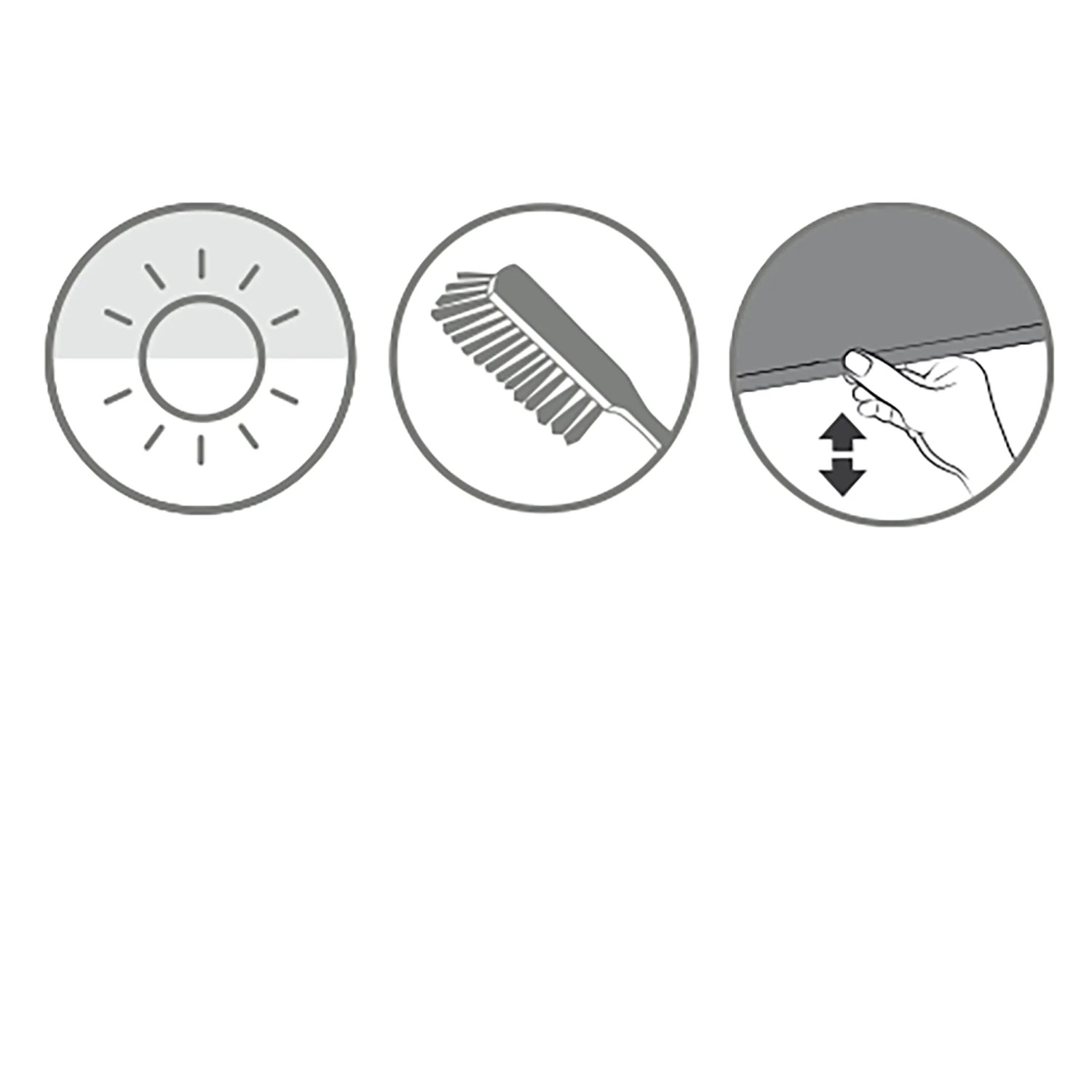 Symbole für Lichtdurchlässigkeit, Reinigung und Bedienung des Gardinia Comfort Move Rollos.