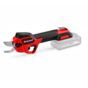 Einhell Akku-Astschere GP-LS 18/28 Li T BL-Solo, rot/schwarz, mit Akku im Hintergrund.