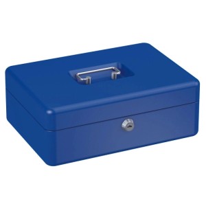 Blaue Basi Geldkassette aus Stahlblech mit versenkbarem Tragegriff und Zylinderschloss. Sicherer Tresor für Bargeld.