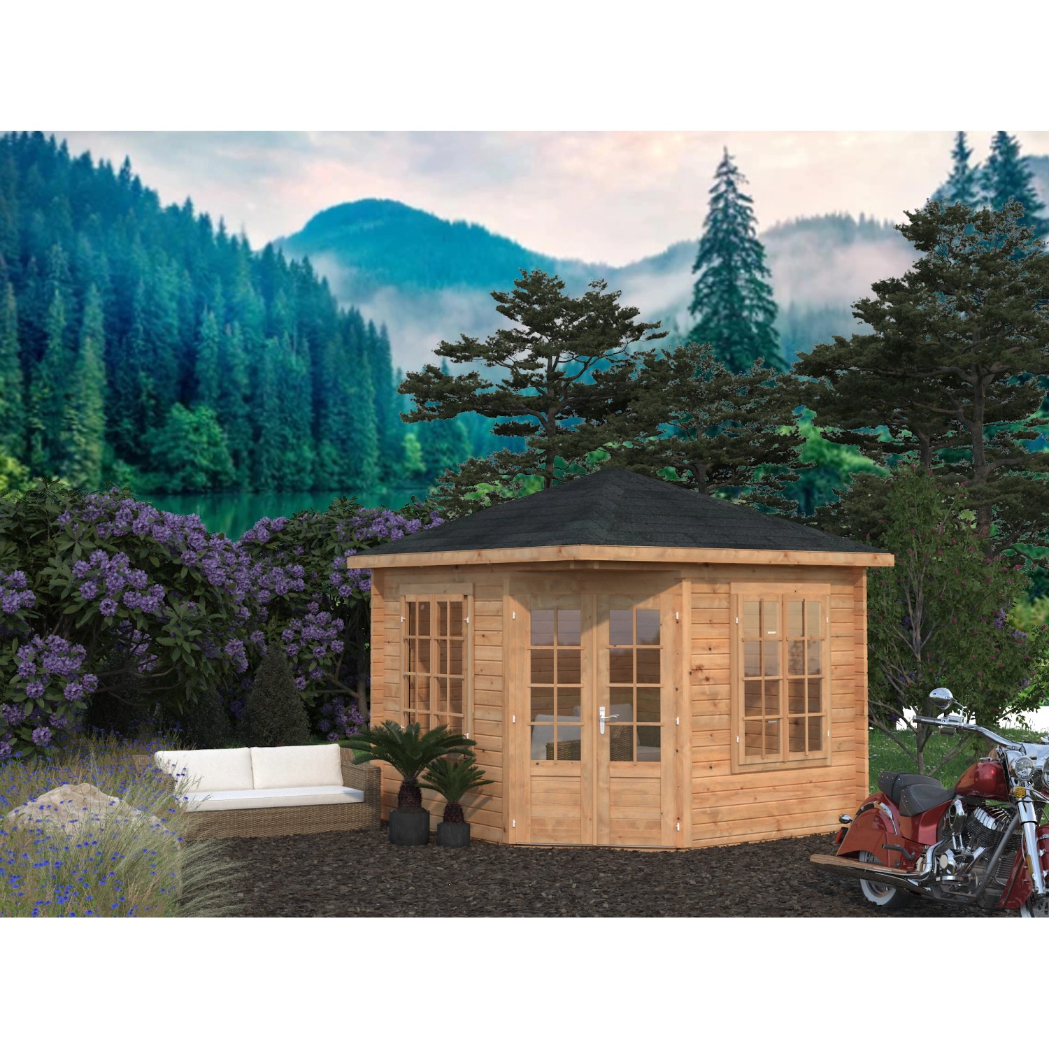 Palmako Holz-Pavillon Melanie, 330x330 cm, braun, mit Fußboden. Gartenlaube aus Fichtenholz mit Doppeltür und Fenstern.