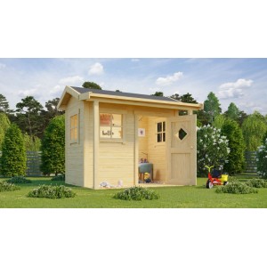 Lasita Maja Kinderspielhaus Pingo aus hellem Holz mit Terrasse, Fenstern und offener Tür im Garten.