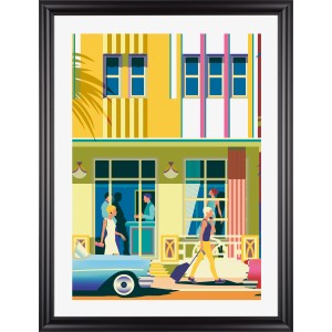 Schwarzer Kunststoffbilderrahmen 60x80 cm mit farbenfrohem Art Deco Motiv.