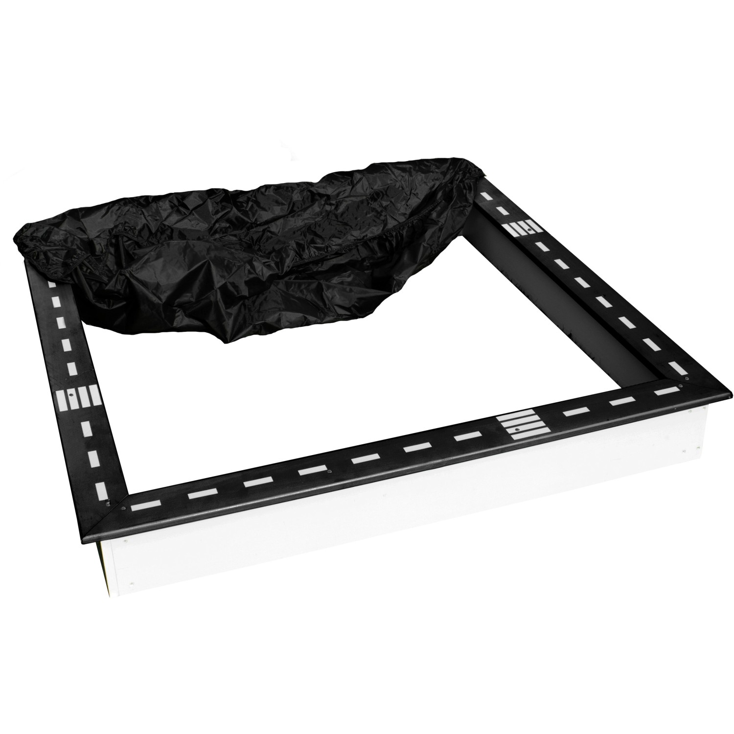 Quadratischer Sunny Sandy Sandkasten mit Rennbahn-Design, teilweise mit schwarzer Abdeckung bedeckt.