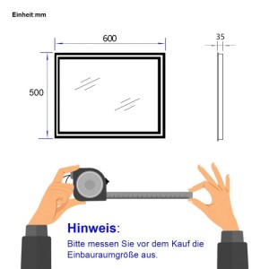 Maßzeichnung Emke LED Badspiegel 60x50 cm, 35 mm Tiefe. Hände messen. Hinweis zur Einbauraumgröße.