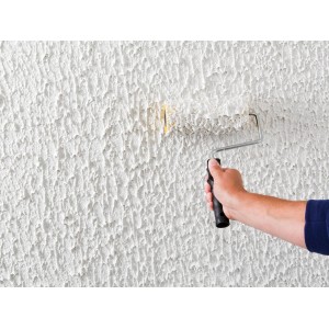 Auftragen von Knauf Royal Fertigputz Reibeputz mit einer Rolle auf eine Wand.