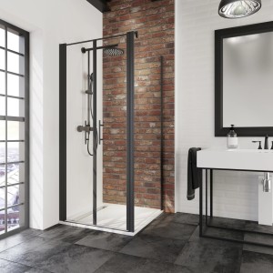 Schulte Alexa Style 2.0 Eckdusche mit Pendeltür, mattschwarze Profile. Duschwand im Badezimmer.