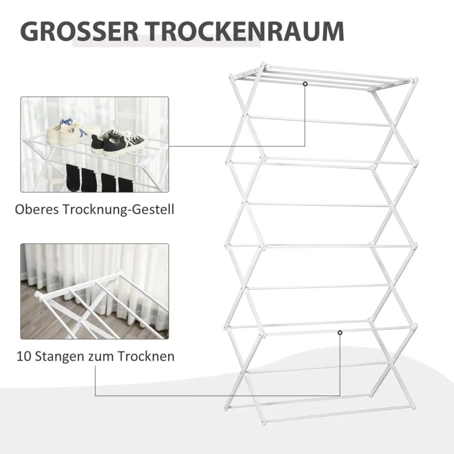 Weißer HOMCOM Wäscheständer, 8-stufig, faltbar, aus Metall und Kunststoff. Großzügiger Trockenraum für Wäsche.