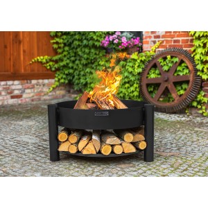 Schwarze CookKing Feuerschale Montana mit Holzlager, Ø 60 cm, aus Stahl. Lagerfeuer im Garten.