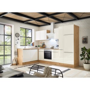 Respekta Küchenzeile Marleen 310 cm Artisan-Eiche Weiß Hochglanz Winkel