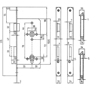 Technische Zeichnung: Korridorschloss für Profilzylinder, gefälzt, DIN rechts, Edelstahl. Maße und Details.