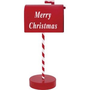 Weihnachtlicher Metall-Briefkasten in Rot-Weiß mit Zuckerstangen-Ständer und "Merry Christmas" Schriftzug.