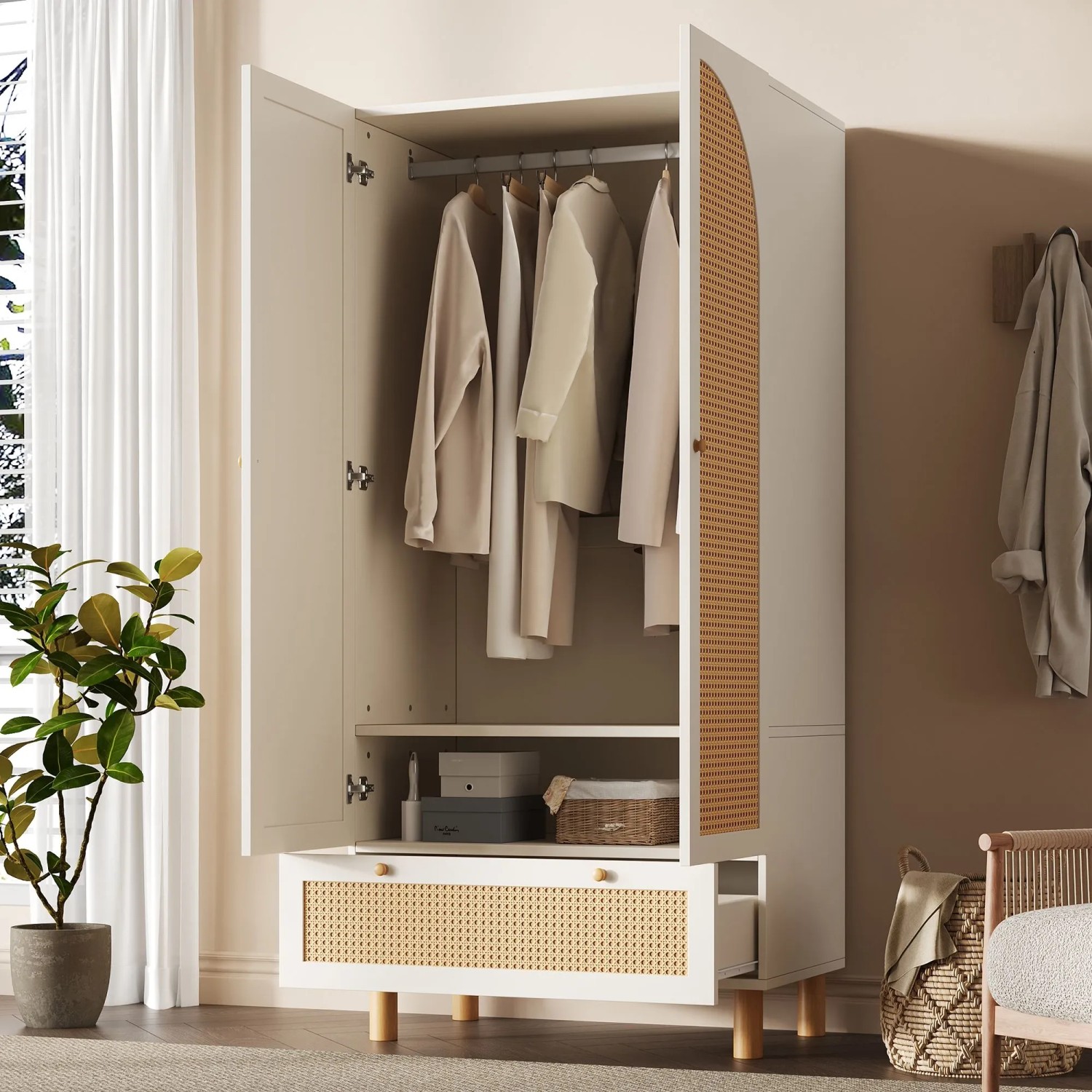 okwish Garderobenschrank mit Rattan Türen Kleiderstange Schlafzimmer 85x52x180cm Weiß kaufen bei OBI