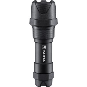 Schwarze Varta LED-Taschenlampe Indestructible F10 Pro mit Batterien.
