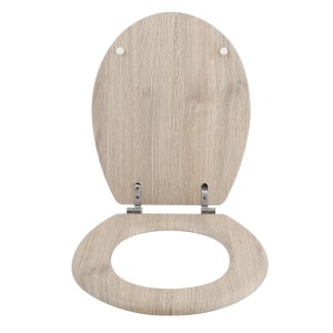 MSV WC-Sitz Parkett aus MDF mit Holzeffekt und Edelstahl-Scharnieren, geöffnet.
