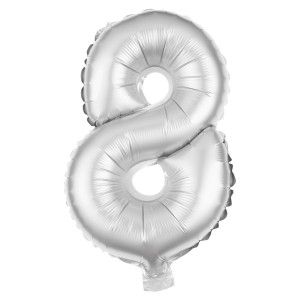 Silberner Folienballon in Form der Zahl 8, 100 cm Durchmesser.