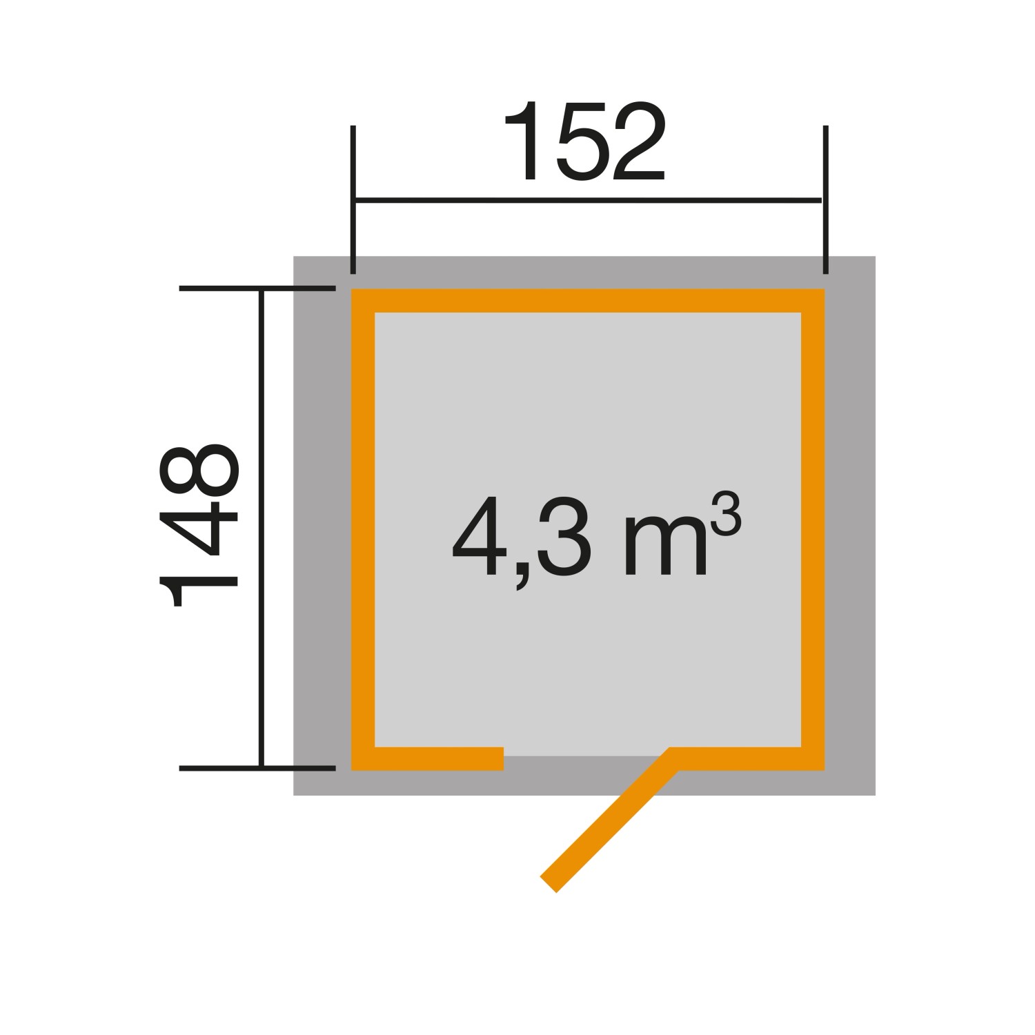 Grundriss Weka Holz-Gartenhaus 171 cm: Maße 152x148 cm, Fläche 4,3 m³.