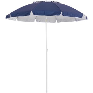 Blauer Yes Marktschirm mit Neigungsfunktion und weißem Rand. Sonnenschirm für Garten und Balkon.