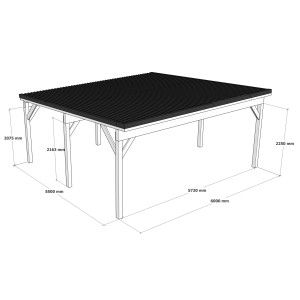 Holzbrüder Doppelcarport Ralf, imprägniert, 600x600 cm, mit dunkelbraunem Blechdach. Technische Zeichnung.