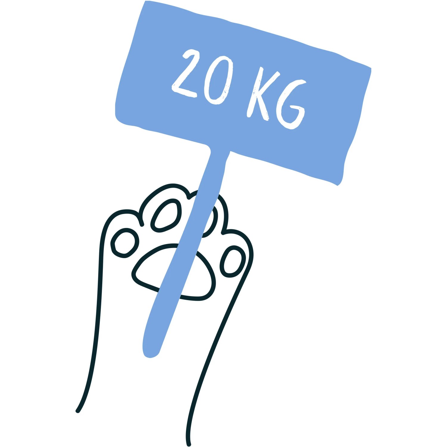 Illustration: Katzenpfote hält Schild mit "20 kg" für Primox Katzenstreu Klumpstreu.