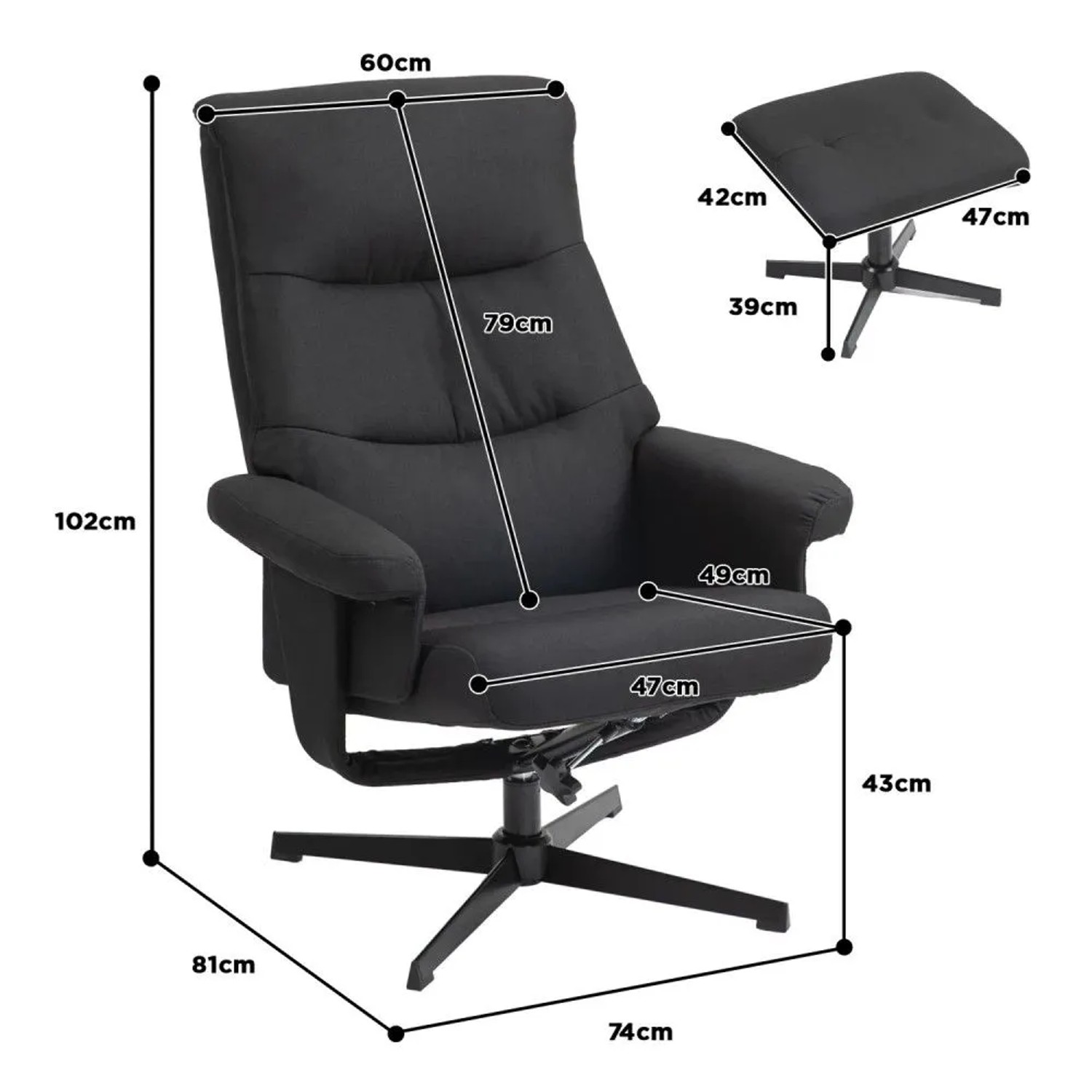 Schwarzer HOMCOM Relaxsessel mit Hocker, Polyesterbezug. Maße: Sessel 74x81x102 cm, Hocker 47x42x39 cm. Loungesessel.