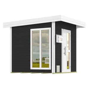 Modernes, anthrazitfarbenes Weka Design-Saunahaus Kuopio 1 mit Fenster und Tür. Außenmaß 263x298 cm.