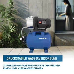 HYUNDAI Hauswasserwerk HWW12050-ST mit blauem Stahlkessel und Pumpe, für stabile Wasserversorgung in Haus & Garten.