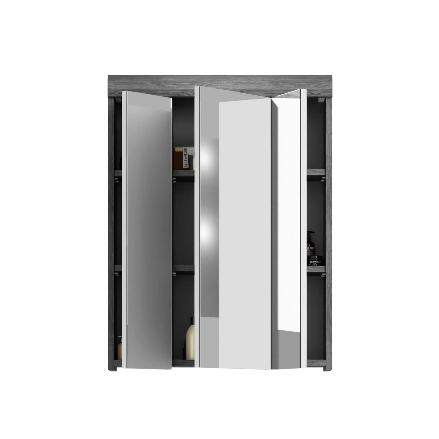 Spiegelschrank, 60x79x18 cm, Weiß und Rauchsilber, mit offenen und geschlossenen Fächern.