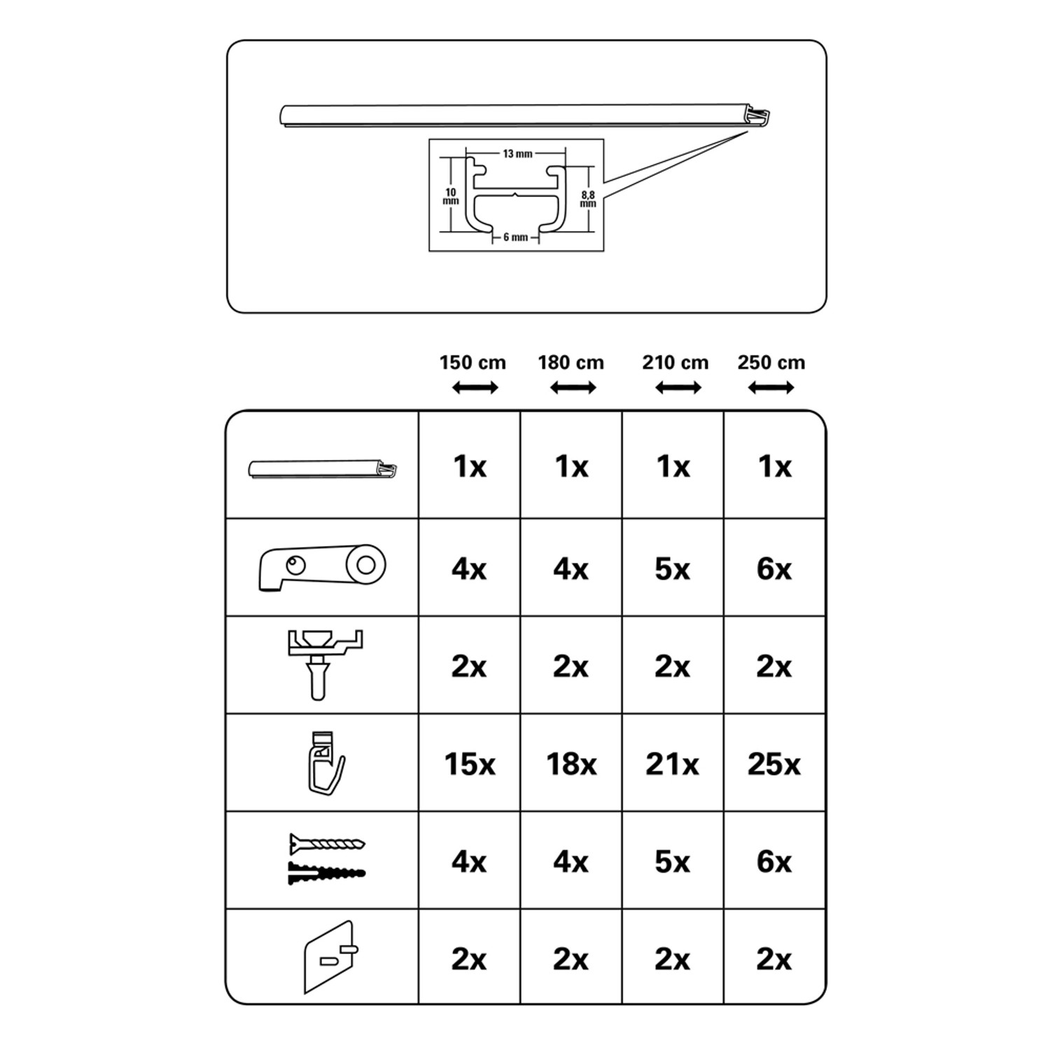 Skizze der Gardinia Aluminiumschiene (120 cm, weiß) mit Zubehör und Maßangaben.