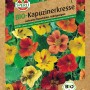 Samenpackung Sperli Bio-Kapuzinerkresse mit bunten Blüten und Blättern.