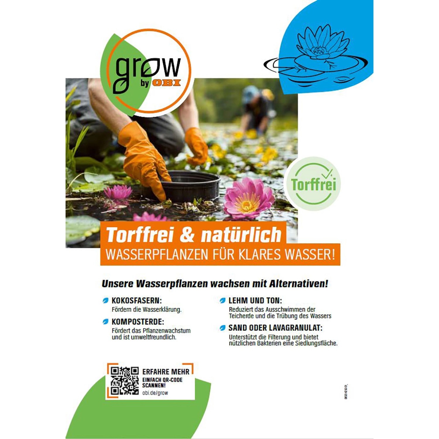 Infografik: Torffreie & natürliche Alternativen für GROW by OBI Wasserpflanzen für klares Wasser.