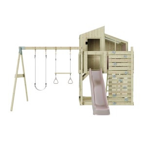 PolarPlay Spielturm Bosse mit Schaukel, Rutsche und Kletterwand, Holz natur/altrosa.