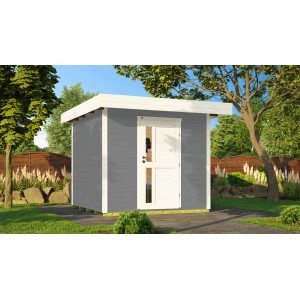 Graues, lackiertes Weka Holz-Gartenhaus Designhaus 172 mit Flachdach und weißer Tür im Garten.