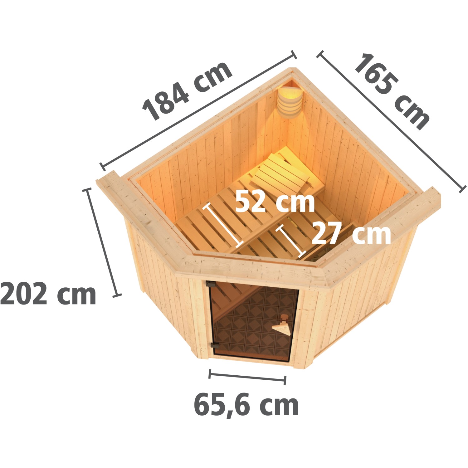 Karibu Sauna Thora mit Ofen, integriertem LED-Dachkranz und Maßangaben.