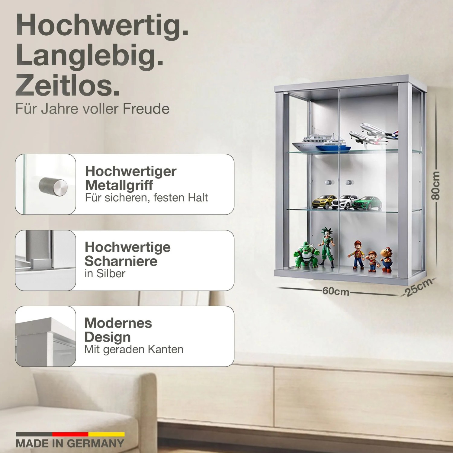 K-Möbel Hängevitrine Glas 80x60x25 cm Made in Germany mit 2 Höhenverstellbaren ESG Glasböden Silber kaufen bei OBI
