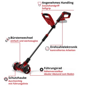 Einhell Akku-Fugenreiniger GE-CC 18/110 Li E-Solo, rot-schwarz, mit verstellbarem Griff, Führungsrad und Schutzhaube.