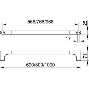 Technische Zeichnung Keuco Edition 400 Badetuchhalter, Maße: Breite 60 cm, Achsmaß 56,8 cm, Ausladung 7,1 cm.