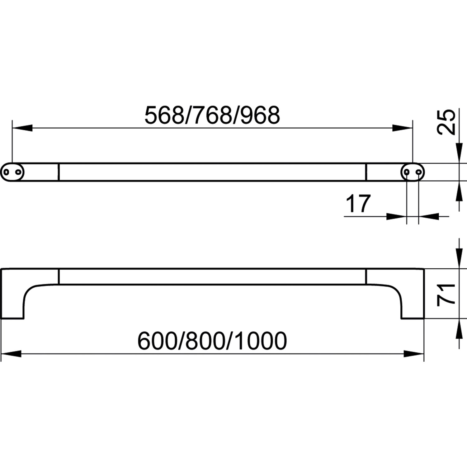 Technische Zeichnung Keuco Edition 400 Badetuchhalter, Maße: Breite 60 cm, Achsmaß 56,8 cm, Ausladung 7,1 cm.