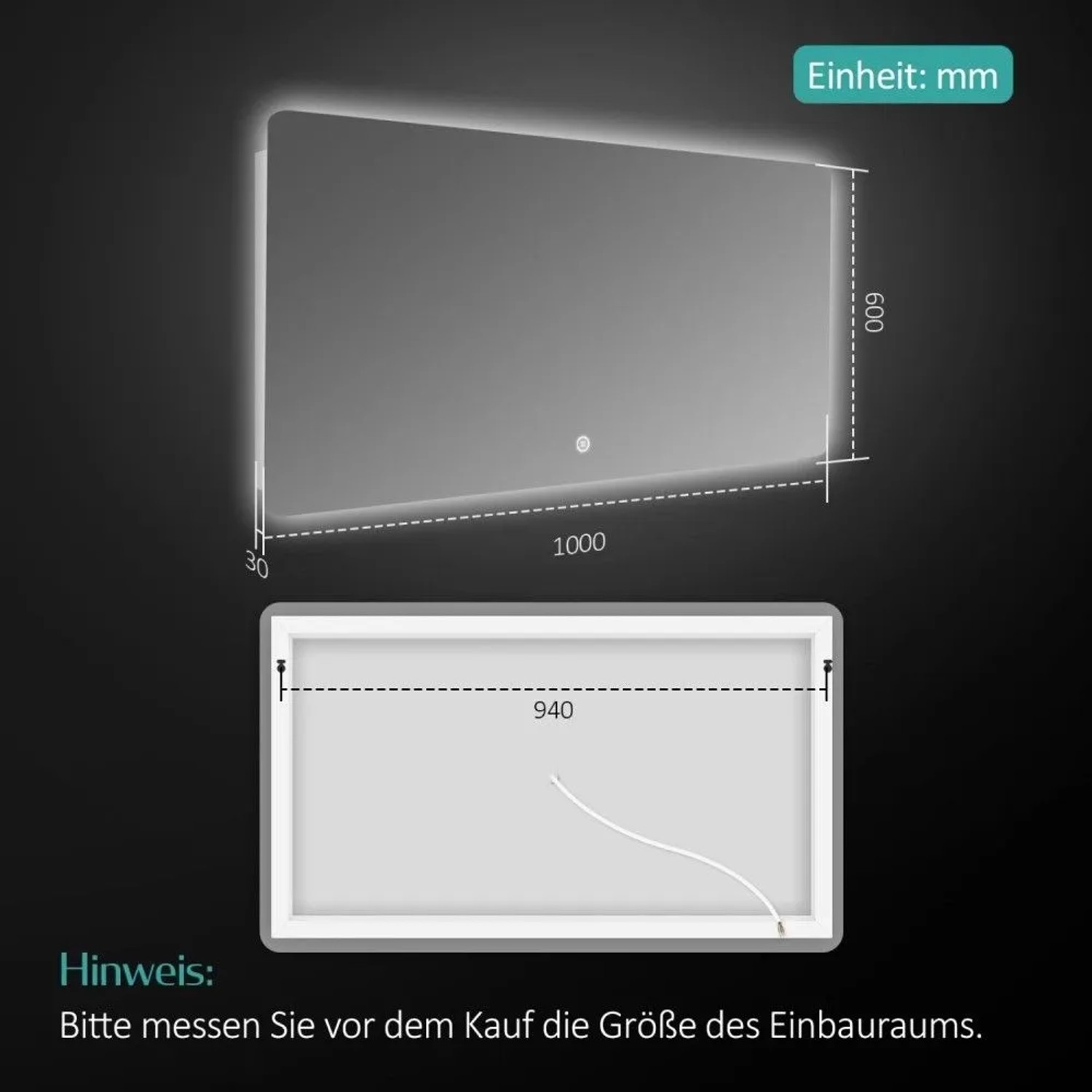 Emke LED Badspiegel 100x60 cm mit Beleuchtung. Technische Maße, Touchschalter und Montagepunkte.