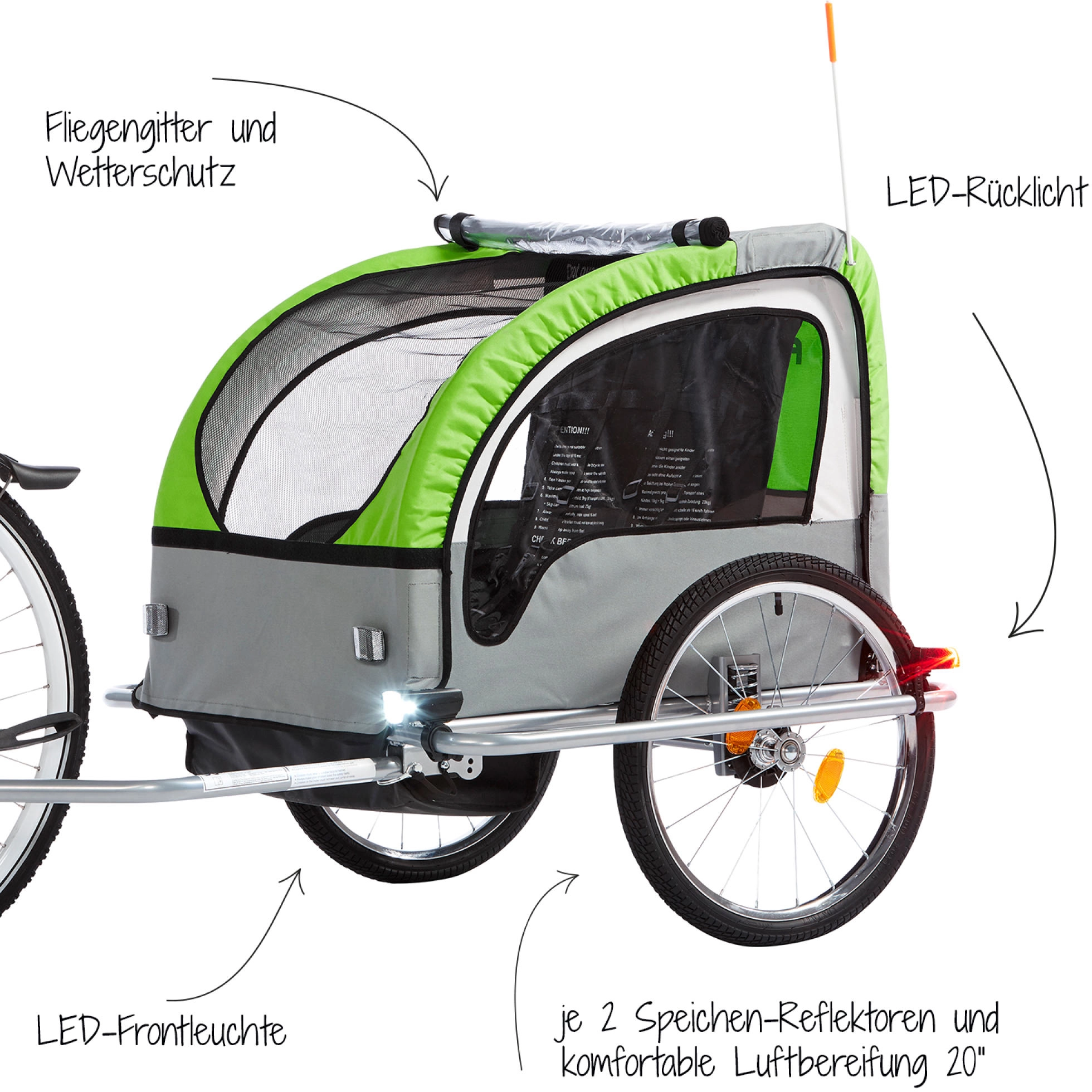 Fischer Kinder-Fahrradanhänger Komfort Grau-Grün Inkl. LED