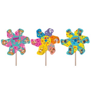 Drei bunte Happy People Windmühlen mit Paw Patrol Motiven, sortiert.