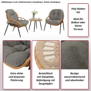 MCW Poly-Rattan Garnitur N33, grau mit hellgrauen Polstern, bestehend aus 2 Stühlen und 1 Tisch.