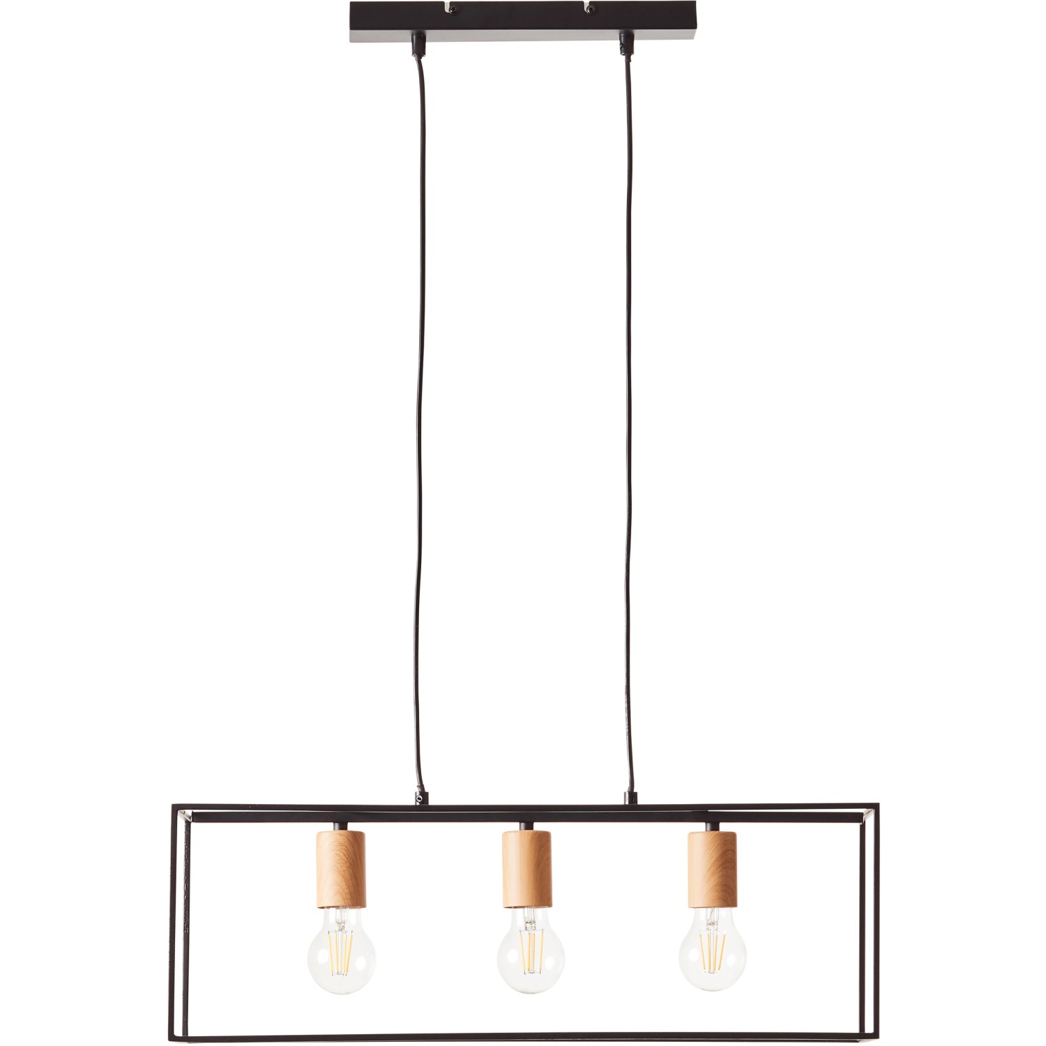 Schwarze 3-flammige Pendelleuchte Arica mit Holzelementen für den Innenbereich.