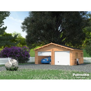 Palmako Holzgarage Roger mit Sektionaltor, braun, 575x510cm. Doppelgarage mit Auto und Motorrad.