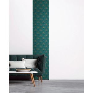 AS Creation selbstklebende Tapete Pop Up Panel Retro Petrol-Gold, mit Sofa im Raum.